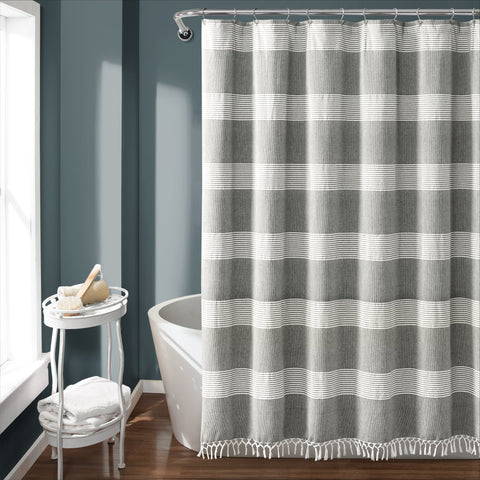 Lush Décor Tucker Stripe Yarn Dyed Cotton Knotted Tassel Shower Curtain