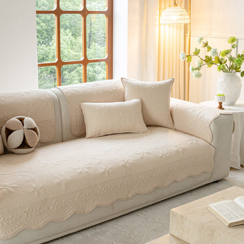 Slipcover KAS™ Floral Cotton Quilted Sofa Cover, Non-Slip Couch Protector with Scalloped Edges