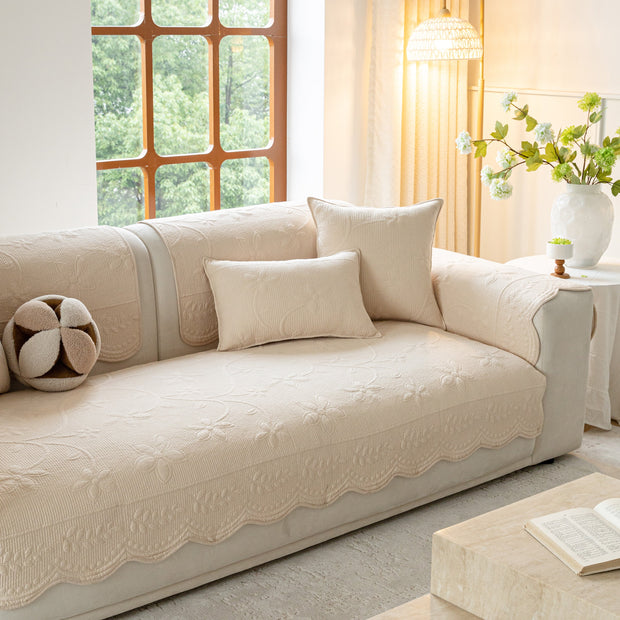 Slipcover KAS™ Floral Cotton Quilted Sofa Cover, Non-Slip Couch Protector with Scalloped Edges