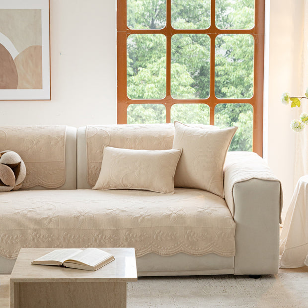 Slipcover KAS™ Floral Cotton Quilted Sofa Cover, Non-Slip Couch Protector with Scalloped Edges