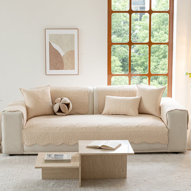 Slipcover KAS™ Floral Cotton Quilted Sofa Cover, Non-Slip Couch Protector with Scalloped Edges