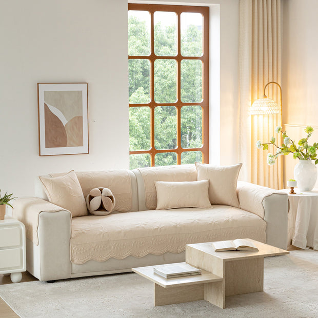 Slipcover KAS™ Floral Cotton Quilted Sofa Cover, Non-Slip Couch Protector with Scalloped Edges