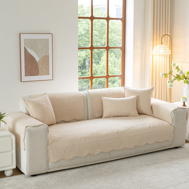 Slipcover KAS™ Floral Cotton Quilted Sofa Cover, Non-Slip Couch Protector with Scalloped Edges