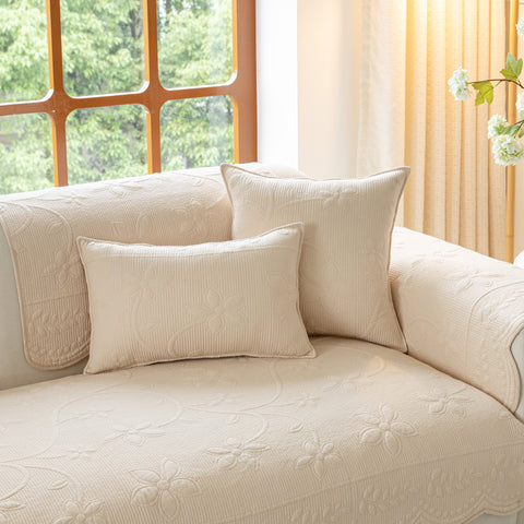 Slipcover KAS™ Floral Cotton Quilted Sofa Cover, Non-Slip Couch Protector with Scalloped Edges