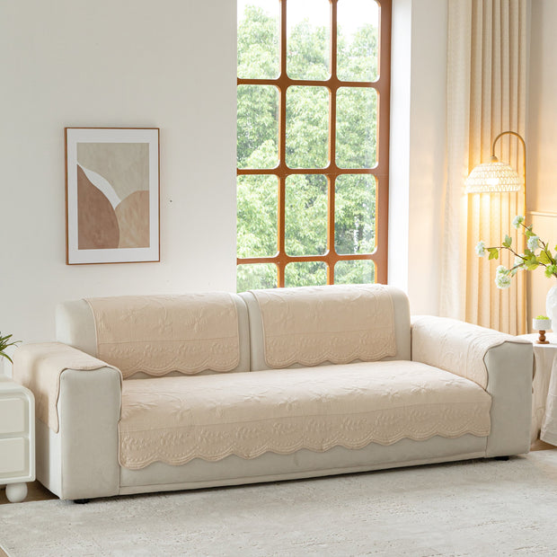 Slipcover KAS™ Floral Cotton Quilted Sofa Cover, Non-Slip Couch Protector with Scalloped Edges
