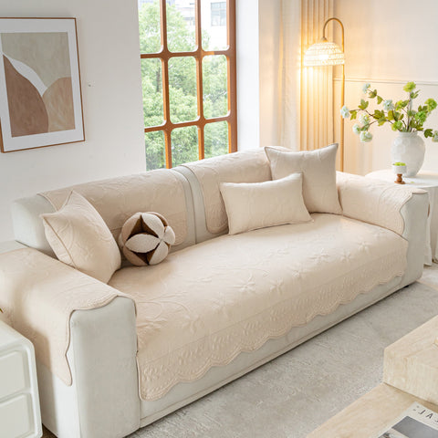 Slipcover KAS™ Floral Cotton Quilted Sofa Cover, Non-Slip Couch Protector with Scalloped Edges