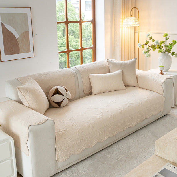 Slipcover KAS™ Floral Cotton Quilted Sofa Cover, Non-Slip Couch Protector with Scalloped Edges