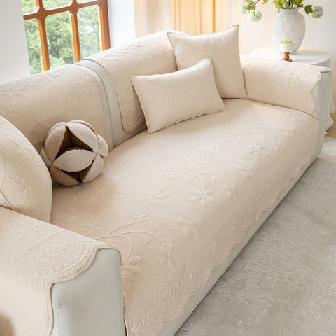 Slipcover KAS™ Floral Cotton Quilted Sofa Cover, Non-Slip Couch Protector with Scalloped Edges