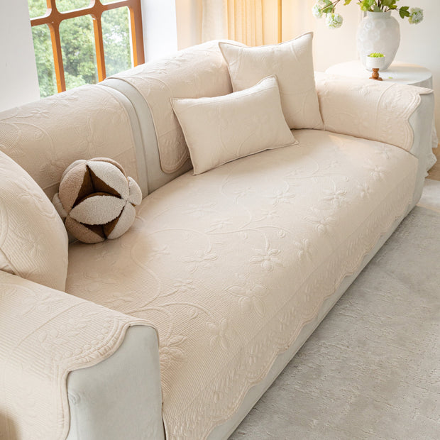 Slipcover KAS™ Floral Cotton Quilted Sofa Cover, Non-Slip Couch Protector with Scalloped Edges