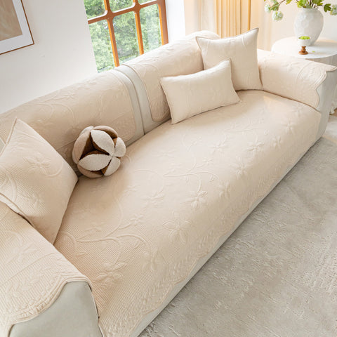 Slipcover KAS™ Floral Cotton Quilted Sofa Cover, Non-Slip Couch Protector with Scalloped Edges