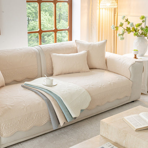 Slipcover KAS™ Floral Cotton Quilted Sofa Cover, Non-Slip Couch Protector with Scalloped Edges