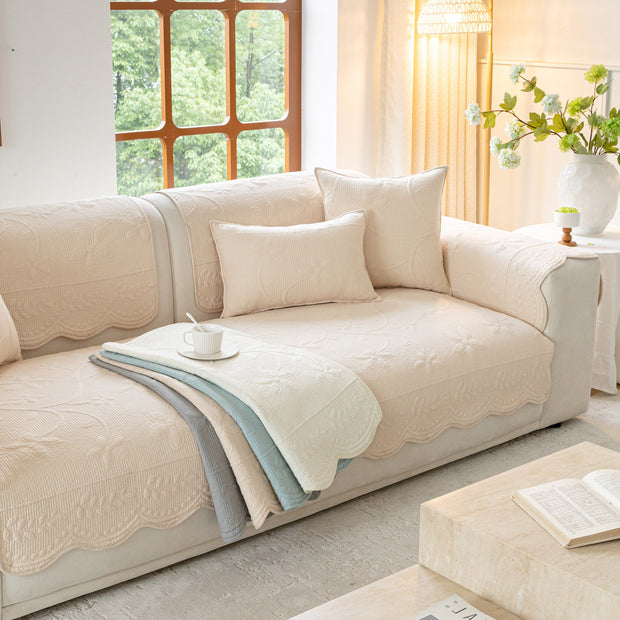 Slipcover KAS™ Floral Cotton Quilted Sofa Cover, Non-Slip Couch Protector with Scalloped Edges