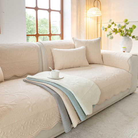 Slipcover KAS™ Floral Cotton Quilted Sofa Cover, Non-Slip Couch Protector with Scalloped Edges