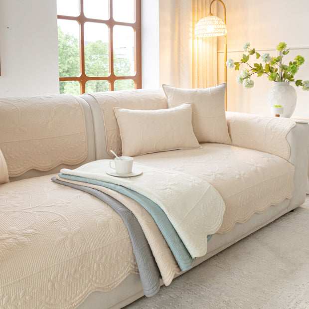 Slipcover KAS™ Floral Cotton Quilted Sofa Cover, Non-Slip Couch Protector with Scalloped Edges
