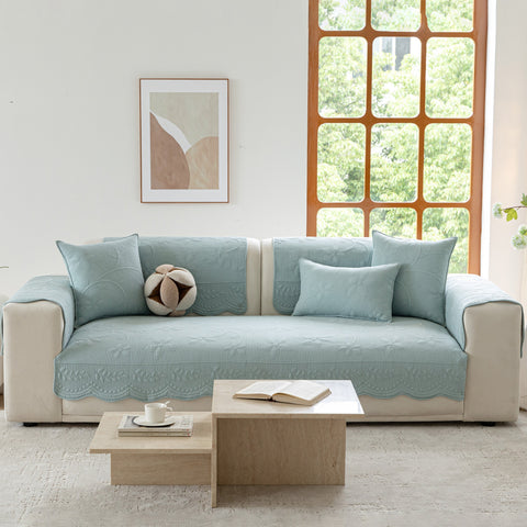 Slipcover KAS™ Floral Cotton Quilted Sofa Cover, Non-Slip Couch Protector with Scalloped Edges