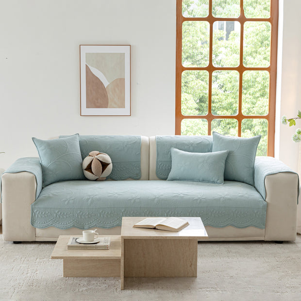 Slipcover KAS™ Floral Cotton Quilted Sofa Cover, Non-Slip Couch Protector with Scalloped Edges