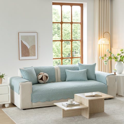 Slipcover KAS™ Floral Cotton Quilted Sofa Cover, Non-Slip Couch Protector with Scalloped Edges