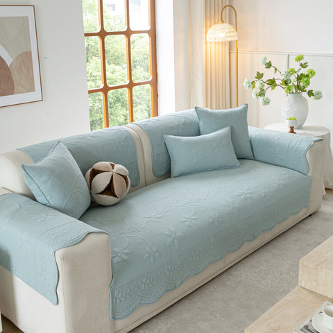 Slipcover KAS™ Floral Cotton Quilted Sofa Cover, Non-Slip Couch Protector with Scalloped Edges