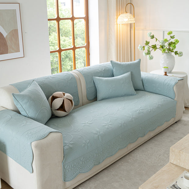 Slipcover KAS™ Floral Cotton Quilted Sofa Cover, Non-Slip Couch Protector with Scalloped Edges