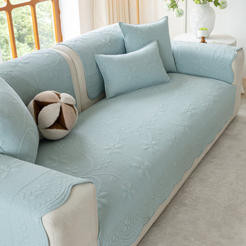 Slipcover KAS™ Floral Cotton Quilted Sofa Cover, Non-Slip Couch Protector with Scalloped Edges