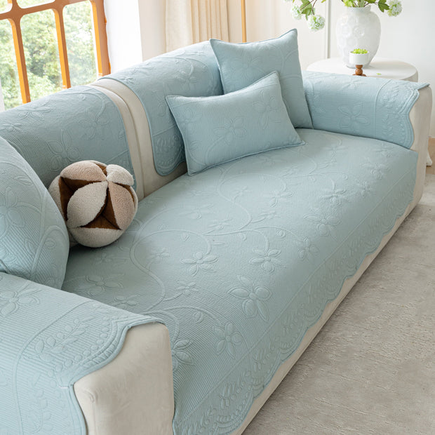 Slipcover KAS™ Floral Cotton Quilted Sofa Cover, Non-Slip Couch Protector with Scalloped Edges