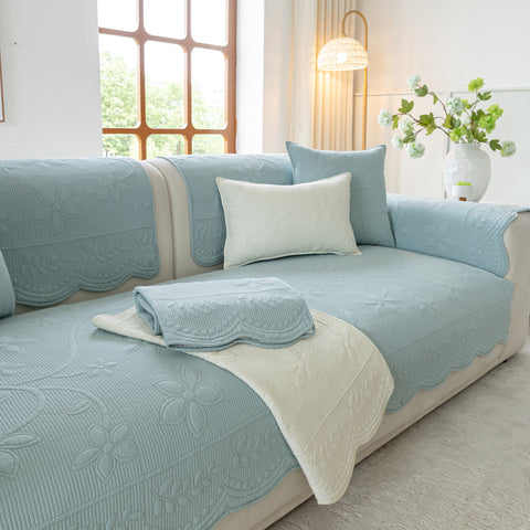 Slipcover KAS™ Floral Cotton Quilted Sofa Cover, Non-Slip Couch Protector with Scalloped Edges