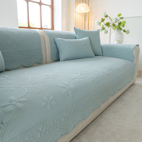 Slipcover KAS™ Floral Cotton Quilted Sofa Cover, Non-Slip Couch Protector with Scalloped Edges