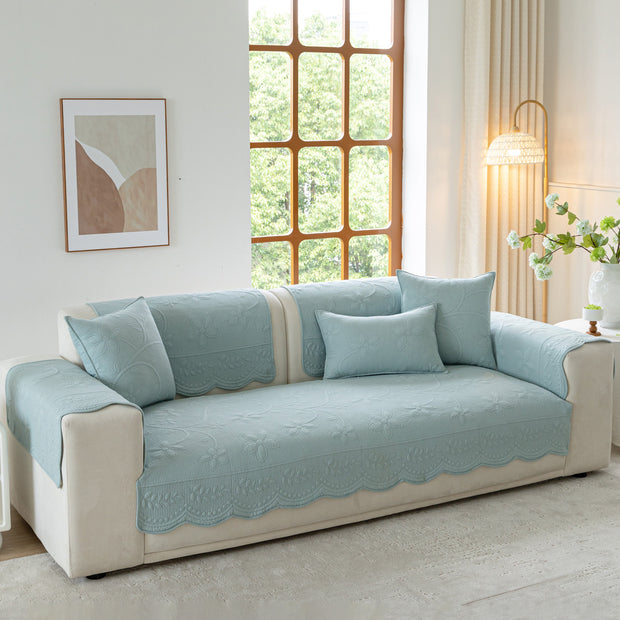 Slipcover KAS™ Floral Cotton Quilted Sofa Cover, Non-Slip Couch Protector with Scalloped Edges