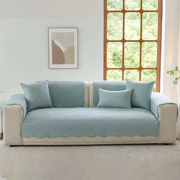 Slipcover KAS™ Floral Cotton Quilted Sofa Cover, Non-Slip Couch Protector with Scalloped Edges