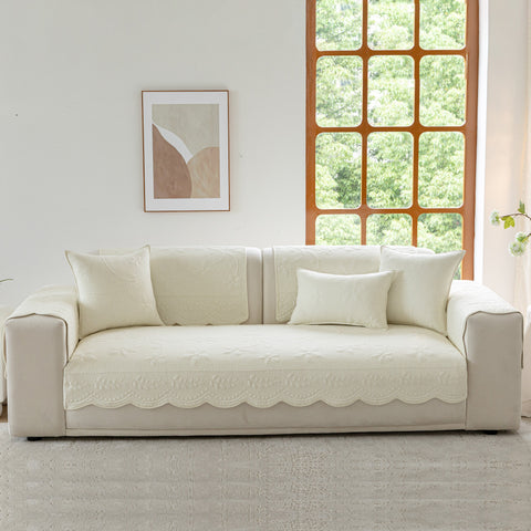 Slipcover KAS™ Floral Cotton Quilted Sofa Cover, Non-Slip Couch Protector with Scalloped Edges