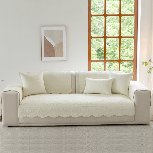 Slipcover KAS™ Floral Cotton Quilted Sofa Cover, Non-Slip Couch Protector with Scalloped Edges
