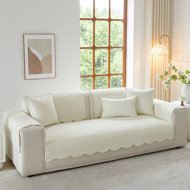 Slipcover KAS™ Floral Cotton Quilted Sofa Cover, Non-Slip Couch Protector with Scalloped Edges