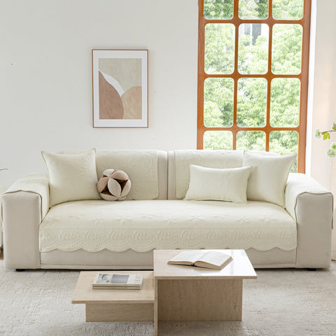 Slipcover KAS™ Floral Cotton Quilted Sofa Cover, Non-Slip Couch Protector with Scalloped Edges