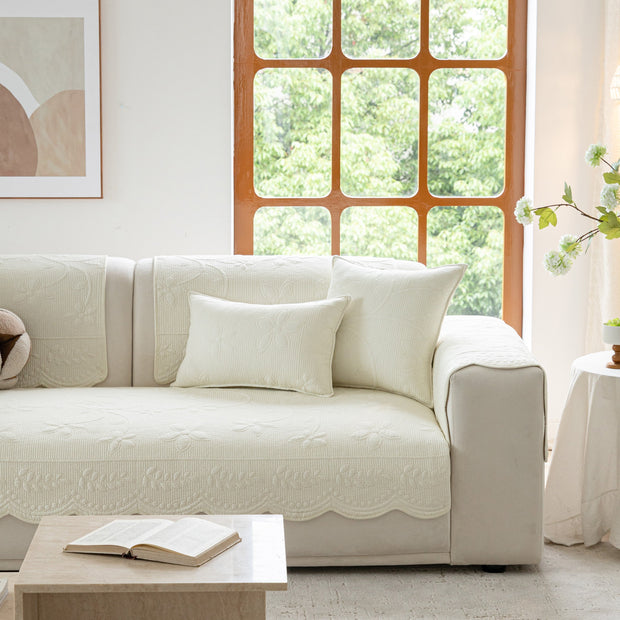 Slipcover KAS™ Floral Cotton Quilted Sofa Cover, Non-Slip Couch Protector with Scalloped Edges