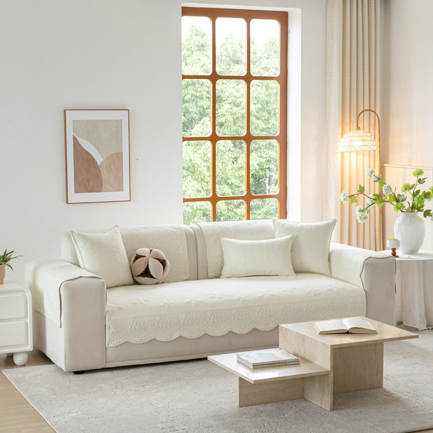 Slipcover KAS™ Floral Cotton Quilted Sofa Cover, Non-Slip Couch Protector with Scalloped Edges