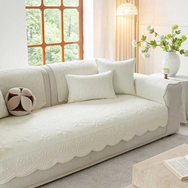Slipcover KAS™ Floral Cotton Quilted Sofa Cover, Non-Slip Couch Protector with Scalloped Edges