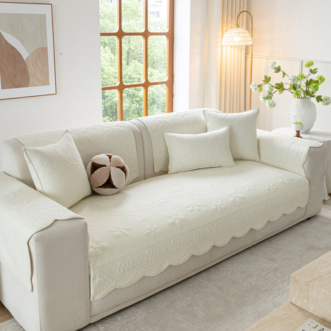 Slipcover KAS™ Floral Cotton Quilted Sofa Cover, Non-Slip Couch Protector with Scalloped Edges