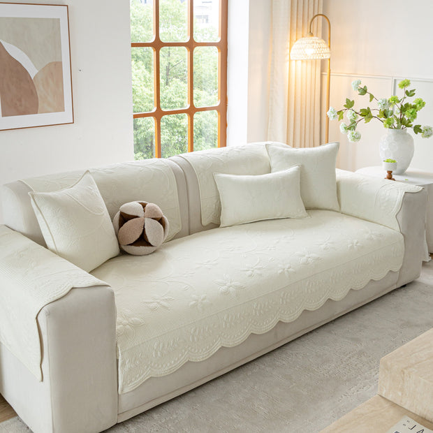Slipcover KAS™ Floral Cotton Quilted Sofa Cover, Non-Slip Couch Protector with Scalloped Edges