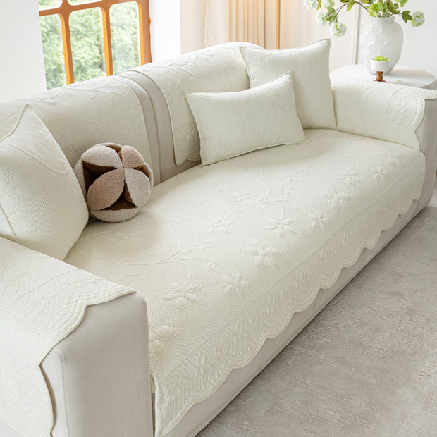 Slipcover KAS™ Floral Cotton Quilted Sofa Cover, Non-Slip Couch Protector with Scalloped Edges