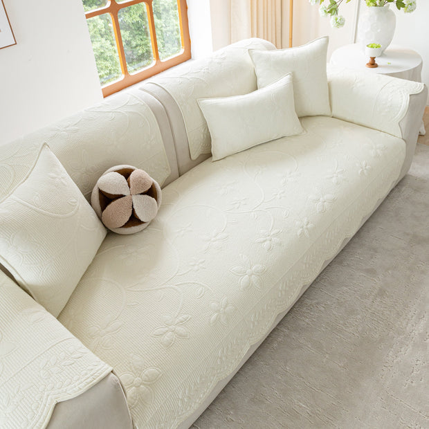 Slipcover KAS™ Floral Cotton Quilted Sofa Cover, Non-Slip Couch Protector with Scalloped Edges