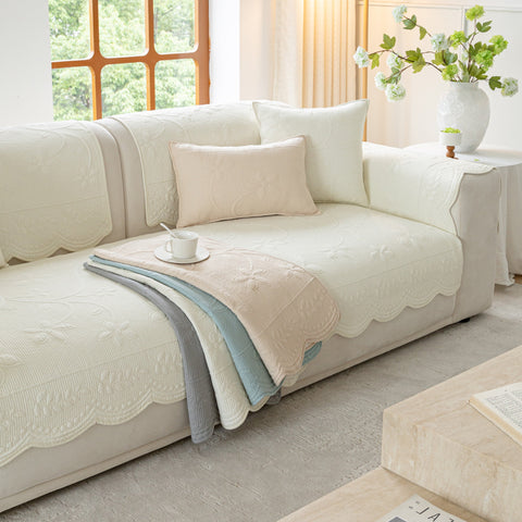 Slipcover KAS™ Floral Cotton Quilted Sofa Cover, Non-Slip Couch Protector with Scalloped Edges