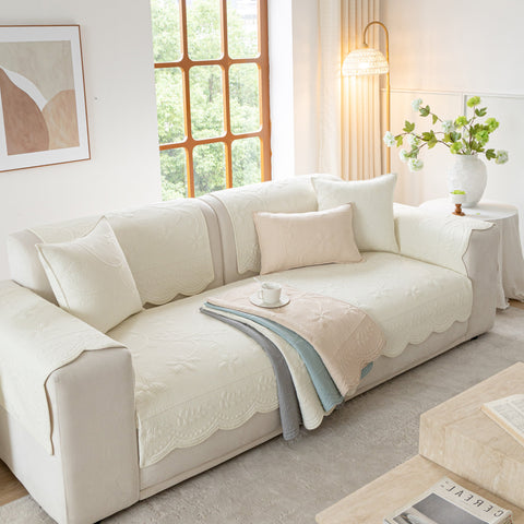 Slipcover KAS™ Floral Cotton Quilted Sofa Cover, Non-Slip Couch Protector with Scalloped Edges
