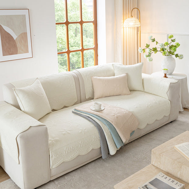 Slipcover KAS™ Floral Cotton Quilted Sofa Cover, Non-Slip Couch Protector with Scalloped Edges