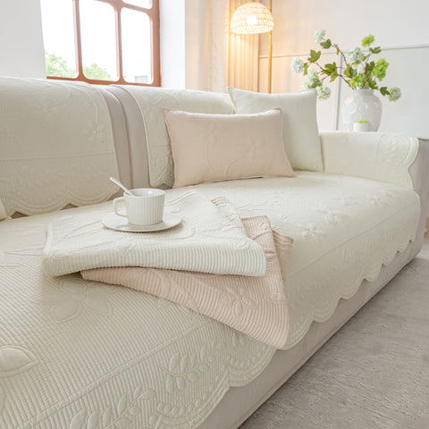 Slipcover KAS™ Floral Cotton Quilted Sofa Cover, Non-Slip Couch Protector with Scalloped Edges
