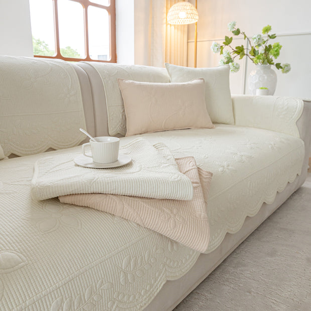 Slipcover KAS™ Floral Cotton Quilted Sofa Cover, Non-Slip Couch Protector with Scalloped Edges