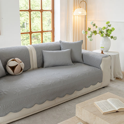 Slipcover KAS™ Floral Cotton Quilted Sofa Cover, Non-Slip Couch Protector with Scalloped Edges
