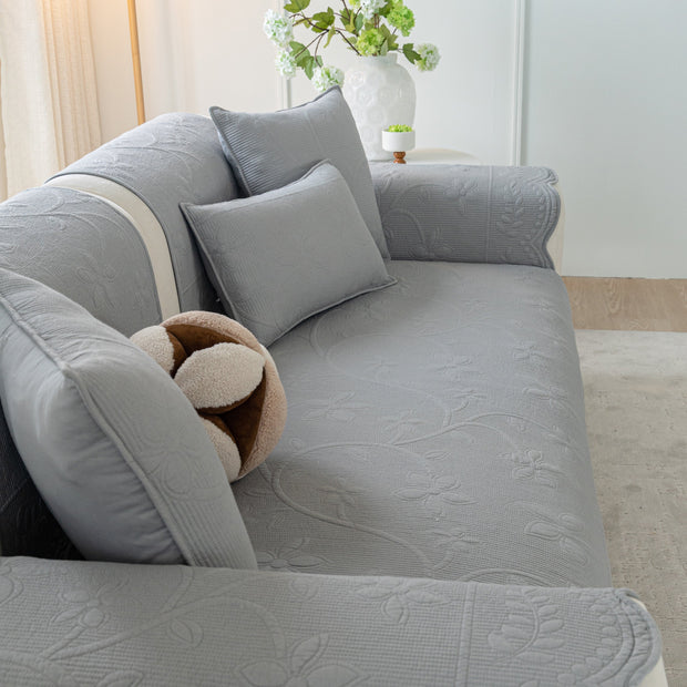 Slipcover KAS™ Floral Cotton Quilted Sofa Cover, Non-Slip Couch Protector with Scalloped Edges
