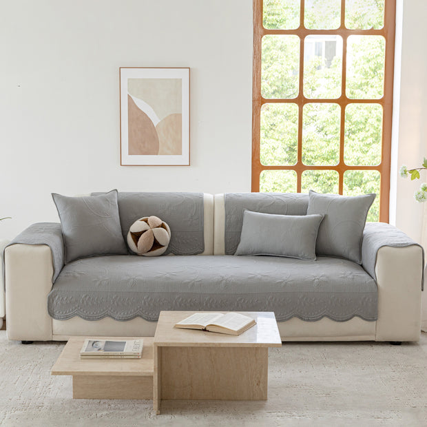 Slipcover KAS™ Floral Cotton Quilted Sofa Cover, Non-Slip Couch Protector with Scalloped Edges