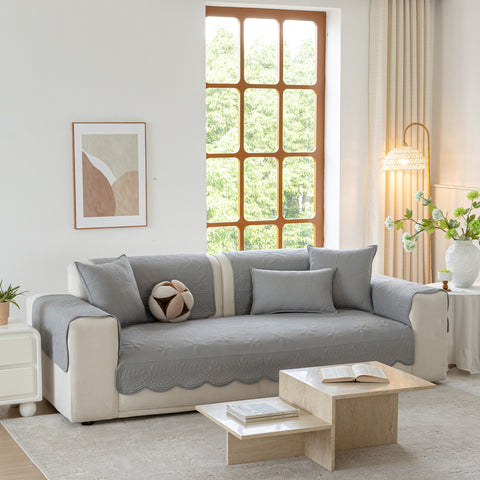 Slipcover KAS™ Floral Cotton Quilted Sofa Cover, Non-Slip Couch Protector with Scalloped Edges