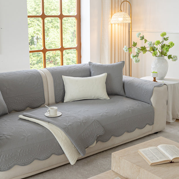 Slipcover KAS™ Floral Cotton Quilted Sofa Cover, Non-Slip Couch Protector with Scalloped Edges